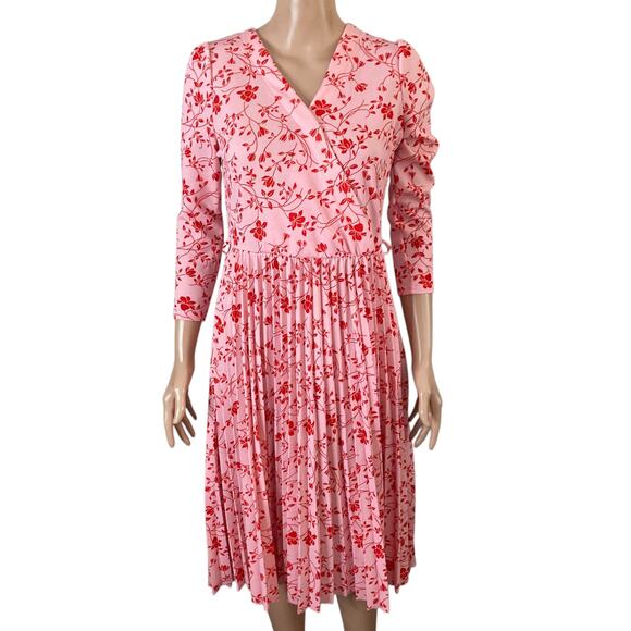 Lark + Grey Pleated Dress Womens Small Pink Red Floral Flare Swing - Picture 1 of 13